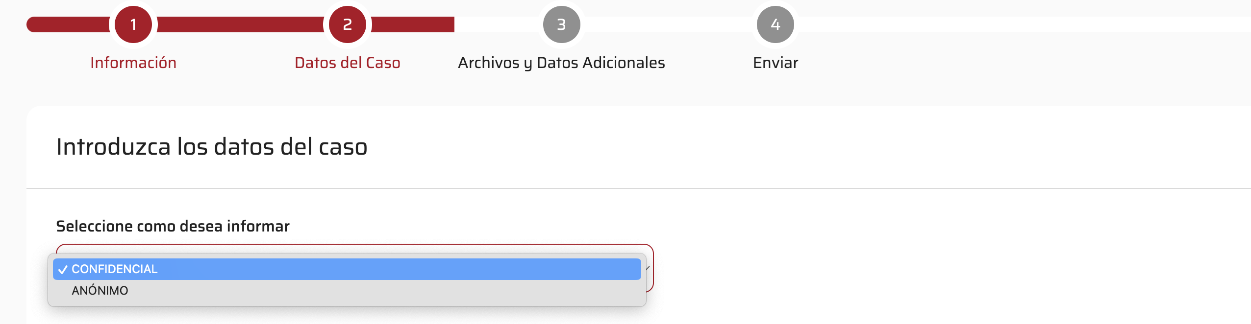 El informante selecciona c&oacute;mo desea informar: an&oacute;nimante o de forma confidencial.