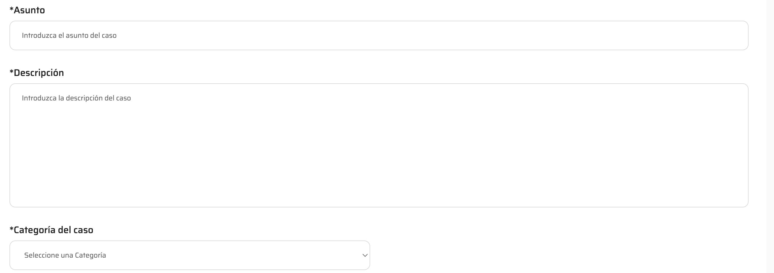 El informante introduce el asunto, descripci&oacute;n y categor&iacute;a de su caso.