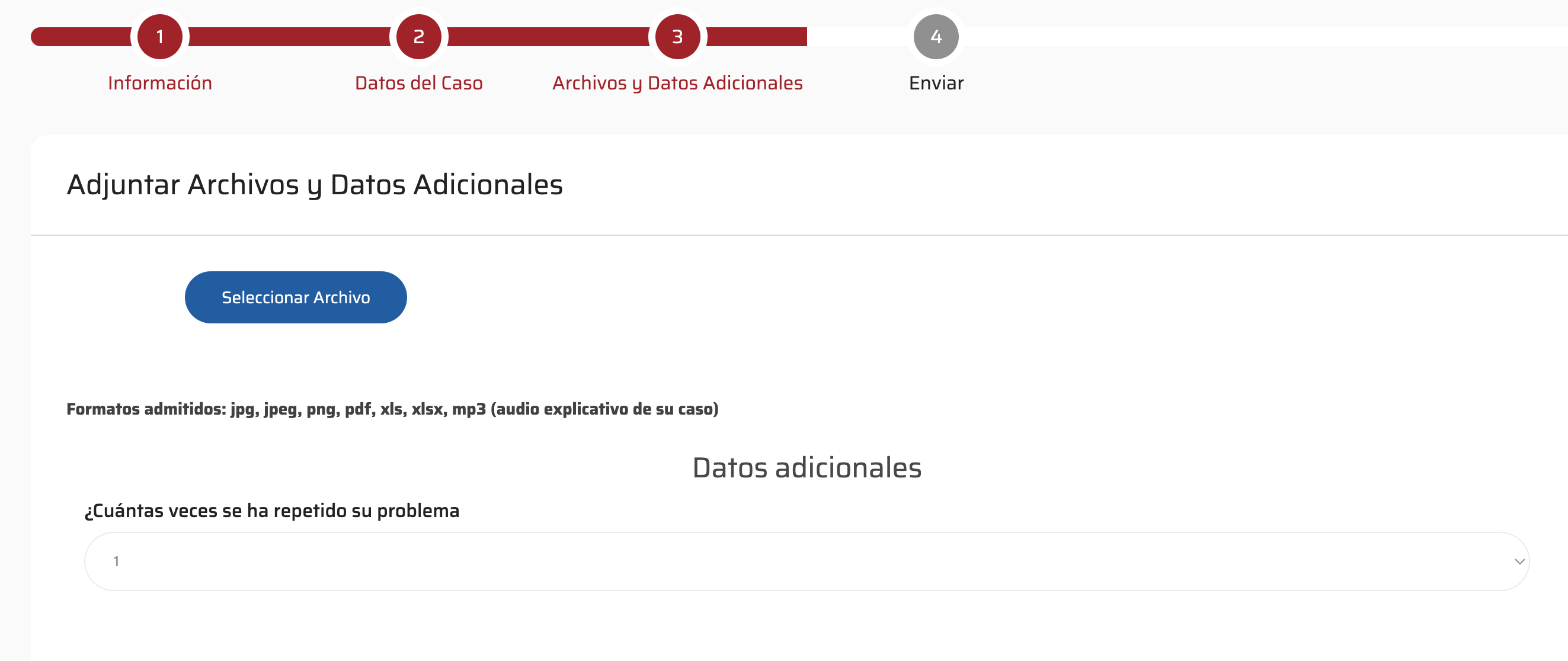 El usuario puede a&ntilde;dir documentos a su informe y completar los datos adicionales del cuestionario configurado.