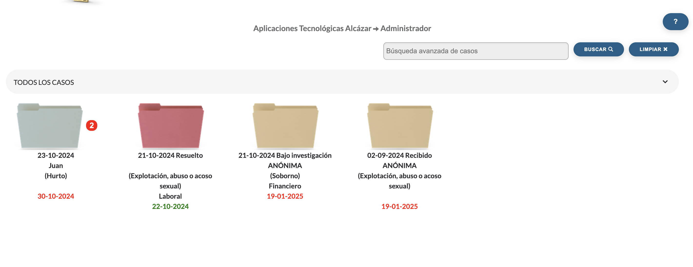 Panel de Control de Quejas y Sugerencias con visualizaci&oacute;n intuitiva en forma de carpetas con diferente color seg&uacute;n su estado.